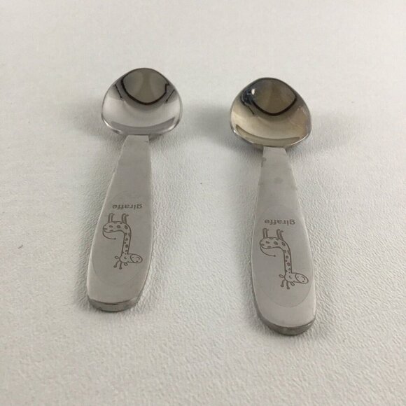 2 Baby Toddler Child Feeding Spoon Set Giraffe Silver Pair Lot - Picture 4 of 7